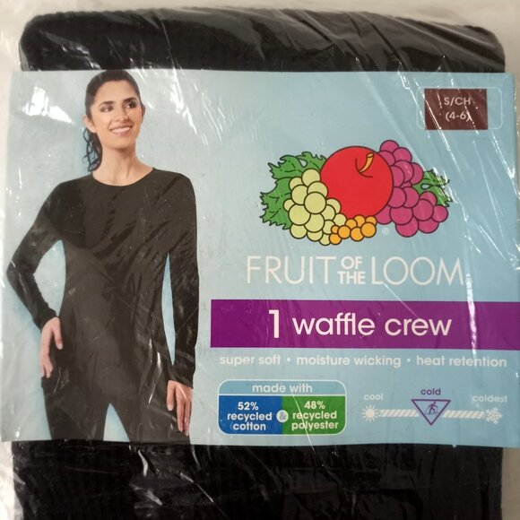 NEW Fruit of the Loom Womens S 4 - 6 Black Waffle Crew Thermal Top - Picture 2 of 4